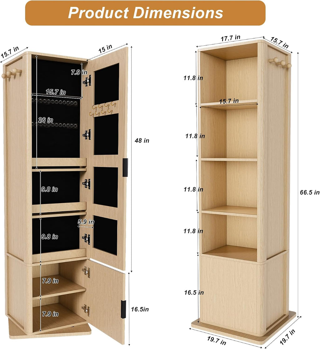 360° Rotating Makeup Cabinet Walnut, Jewelry Cabinet with Full-Length Mirror, Standing Storage Cabinet with Coat Rack, 4 Open & 2 Built-in Shelves for Bedroom Bathroom