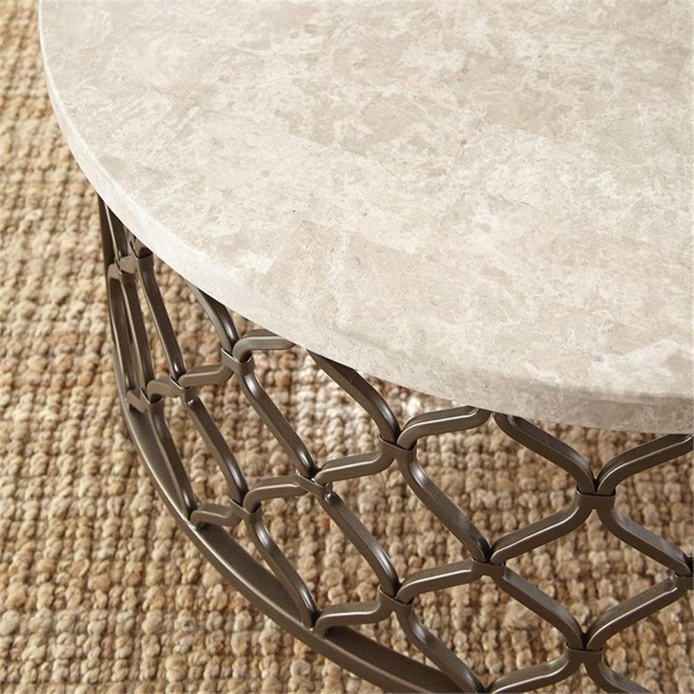 BOWERY HILL Round Coffee Table, 36 in White Stone Top with Bronze Powder Coated Metal Base, Metal Fretwork Design, Modern Style Living Room Table