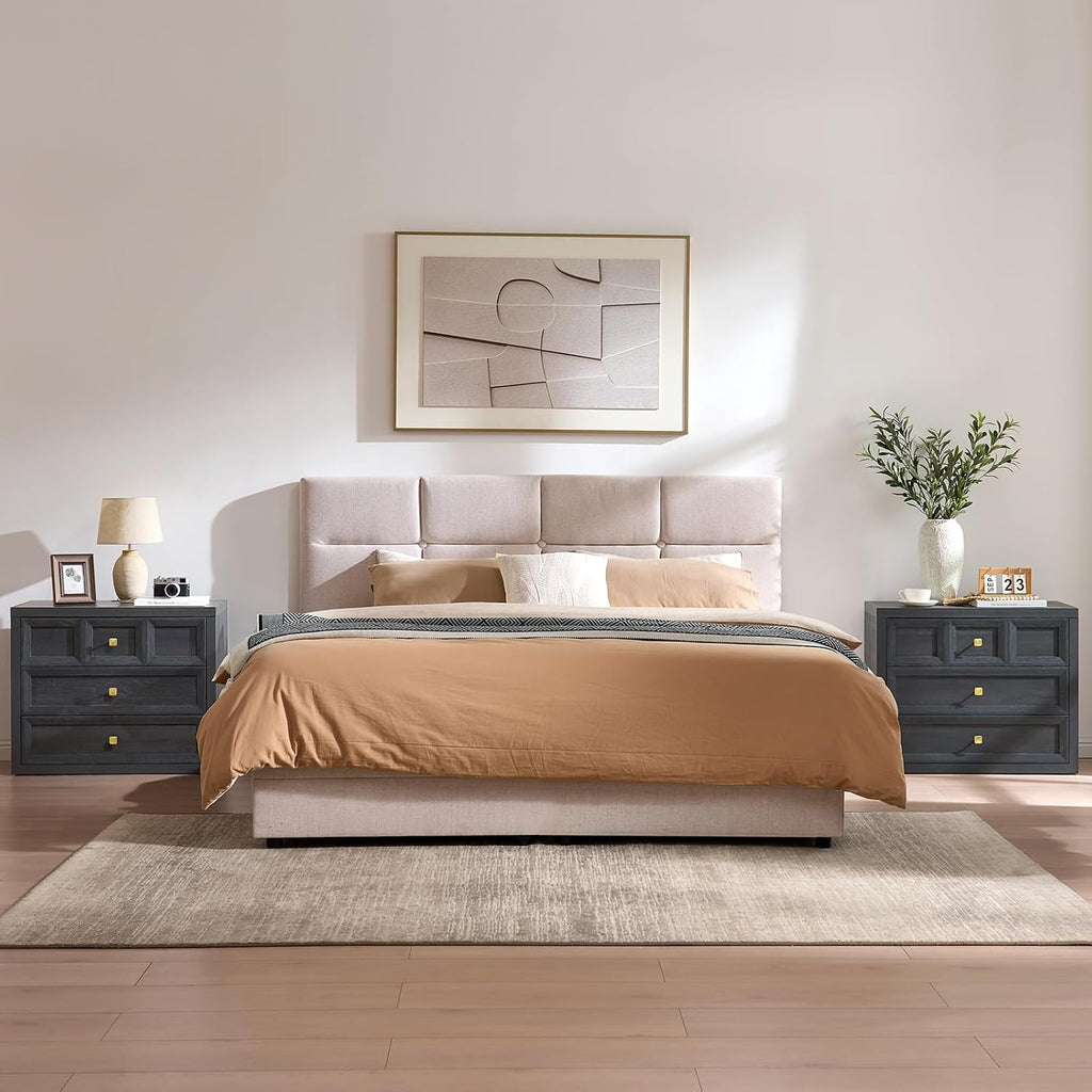 Nightstand Set of 2 W/Charging Station, 30.7' W King Size Bedside Table with 3 Drawers, Accent End Table W/Large Storage, Modern Wood Side Table for Bedroom, Dark Grey