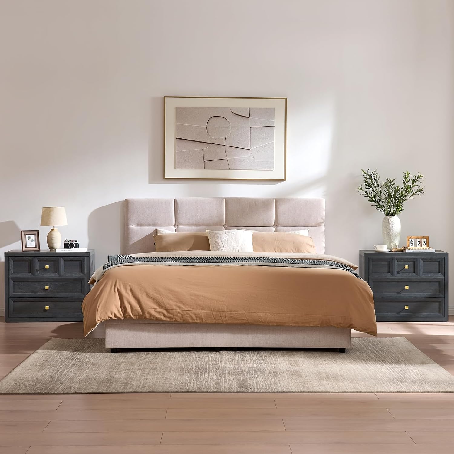 Nightstand Set of 2 W/Charging Station, 30.7' W King Size Bedside Table with 3 Drawers, Accent End Table W/Large Storage, Modern Wood Side Table for Bedroom, Dark Grey