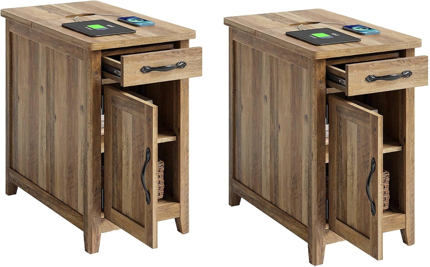 LINSY HOME End Table Set of 2 with Charging Station, Modern Farmhouse Sofa Couch Side Table, Wooden Bedside Table for Living Room Bedroom, Narrow Nightstand with Storage for Small Space, Brown