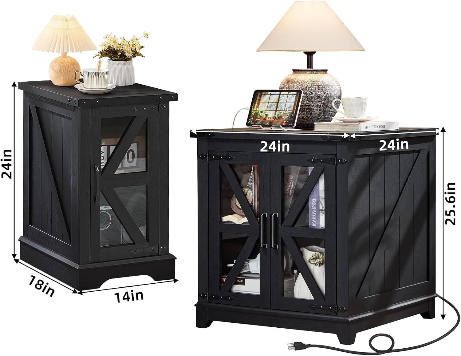 Joaxswe Farmhouse End Table Set 2, Narrow 18'' Night Stand with Glass Barn Door, 24' Square Side Table with Charger Station, Living Room Furniture Sets, Wood Nightstand Bedside Tables for Bedroom