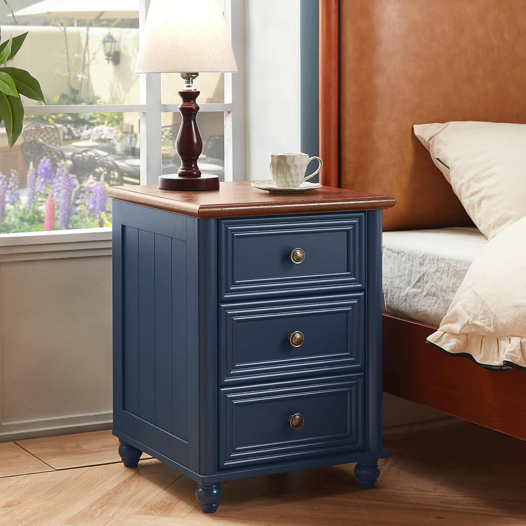 RWYHG 18' Farmhouse Night Stand Set of 2, Blue Wood Nightstand with 3 Drawers, Bedside End Table with Storage and Roman Column, Bed Side Tables Cabinet for Bedroom, Living Room, and Closet