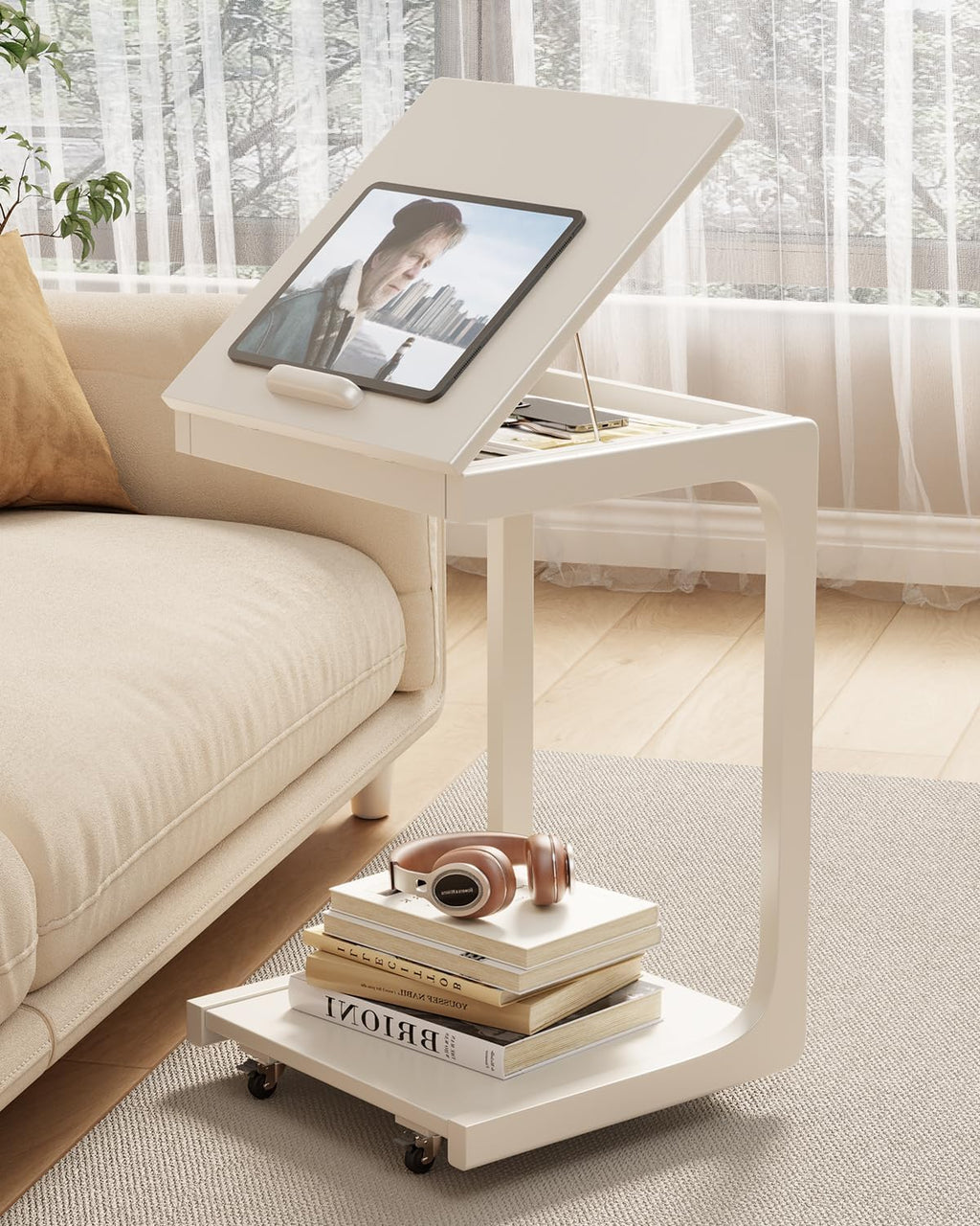 AQIMUELE Wooden C-Shaped End Table,Couch Table with Adjustable Desktop,Small Rolling Side Table with 2 Lockable Wheels,Small End Table for Couch, Living Room,Bedroom (White)