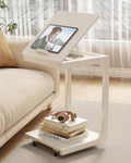 AQIMUELE Wooden C-Shaped End Table,Couch Table with Adjustable Desktop,Small Rolling Side Table with 2 Lockable Wheels,Small End Table for Couch, Living Room,Bedroom (White)