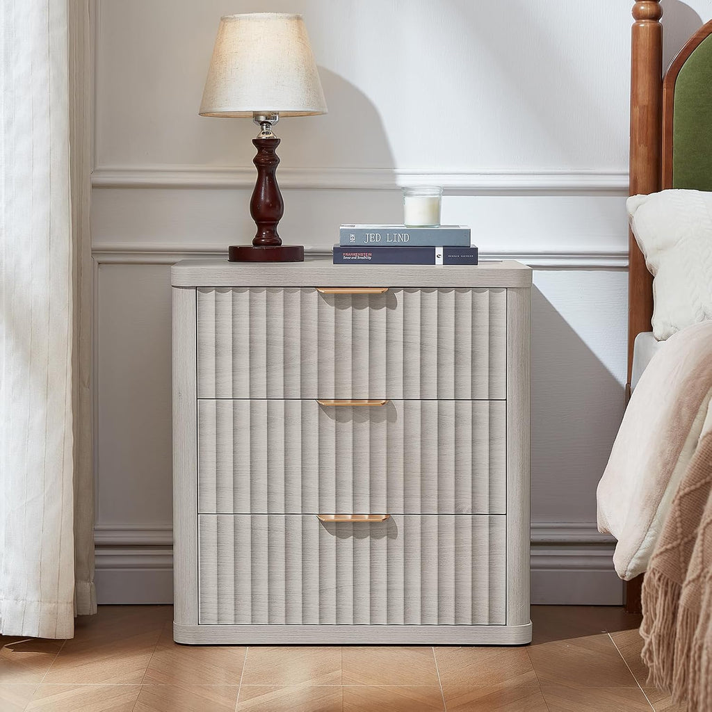 LEYAOYAO Fluted Farmhouse Nightstand Set of 2 with Charging Station, 23' Wide 3 Drawers Night Stand,LightGrey Dresser for Bedroom,Bed Side Table Chest of Drawers,Wood End Table for Living Room