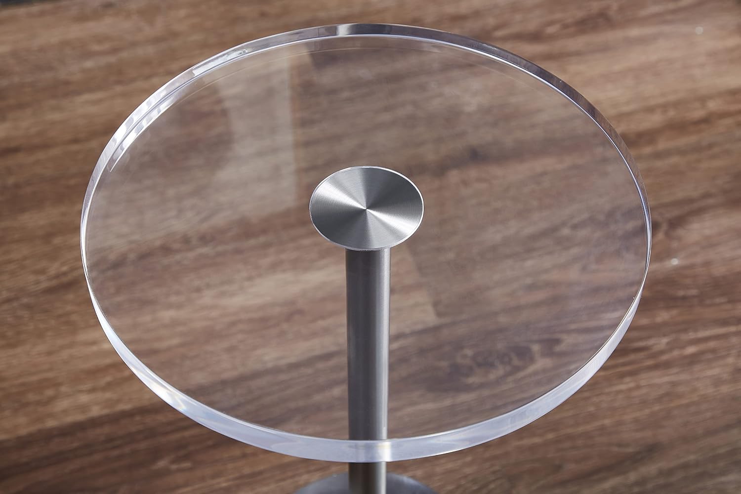 Artmaze Clear Acrylic End Table,Side Table,Brushed Silver Metal,Round,for Office, Living Room and Bedroom,Easy Assembly,12x12 inch，21.3 inch high