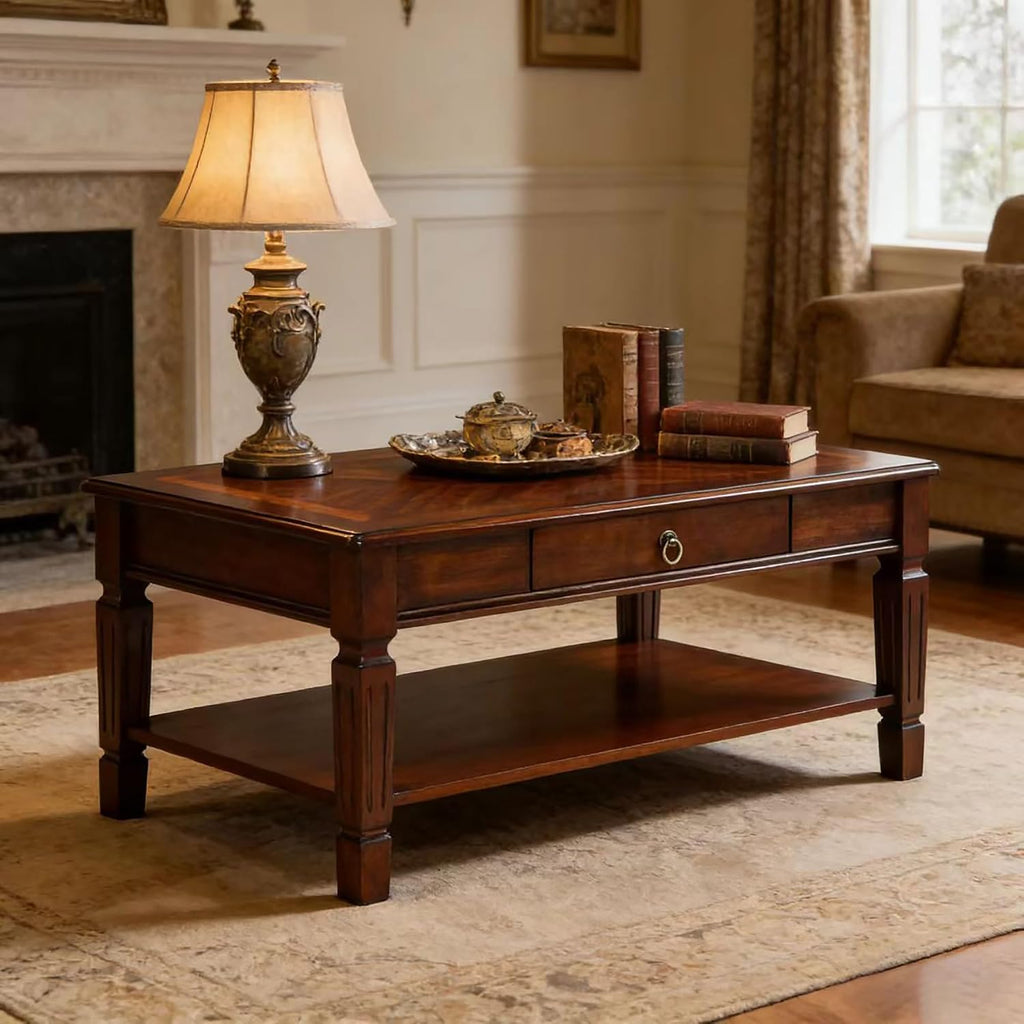 Living Room Table Set-1 Coffee Table and 2 End Tables with Storage Drawer and Shelf, Farmhouse Center Table with Wood Legs, Rectangular Corner Table, Easy Assembly Dark Cherry KFZ-D1258
