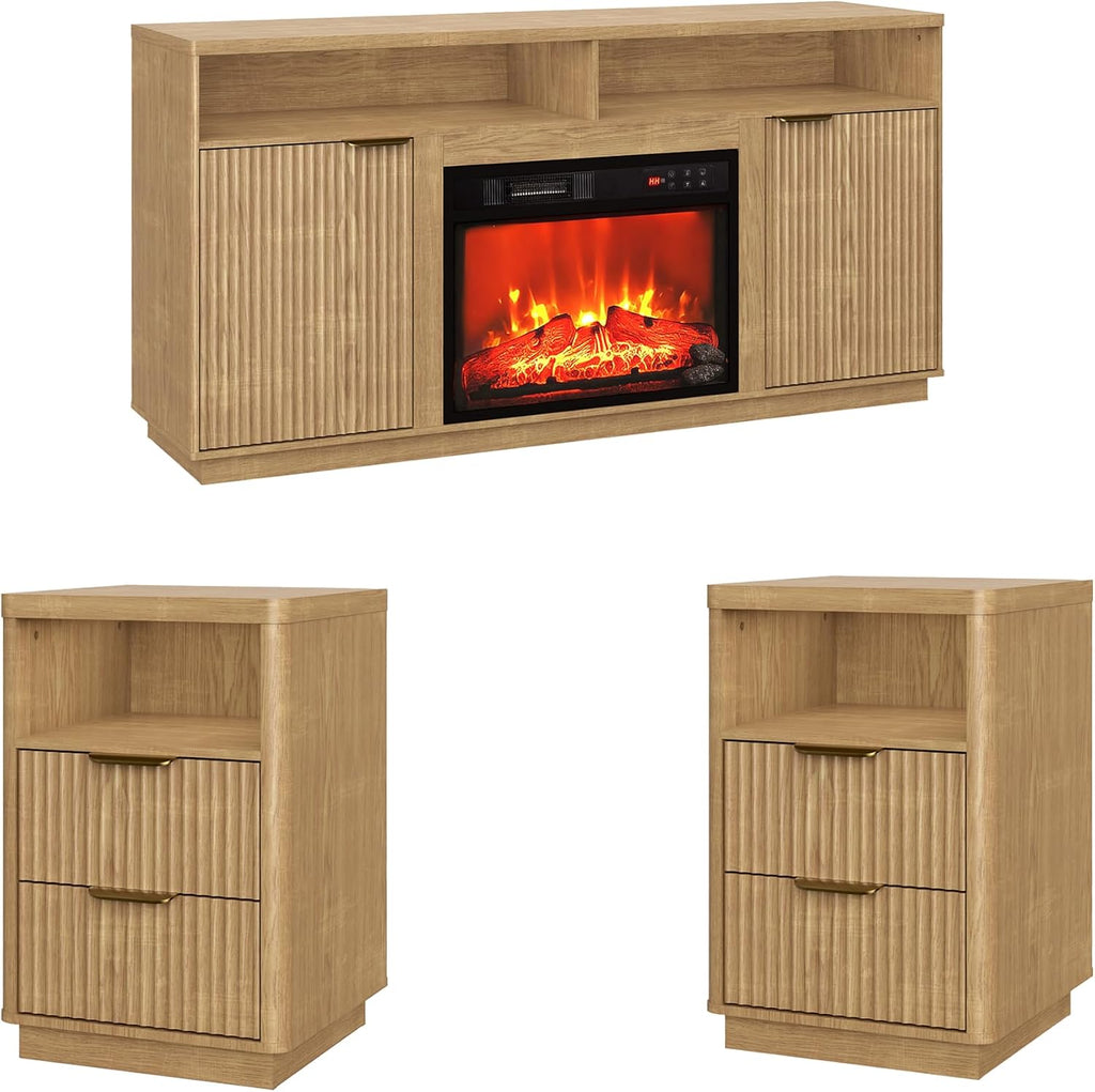 3-Piece Fluted Living Room Set Includes 2 Fluted Night Stand with Drawers and 59' Fluted Fireplace TV Stand for TVs Up to 70 inches,Modern TV Stand and End Table Set,Natural Oak