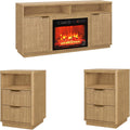 3-Piece Fluted Living Room Set Includes 2 Fluted Night Stand with Drawers and 59' Fluted Fireplace TV Stand for TVs Up to 70 inches,Modern TV Stand and End Table Set,Natural Oak