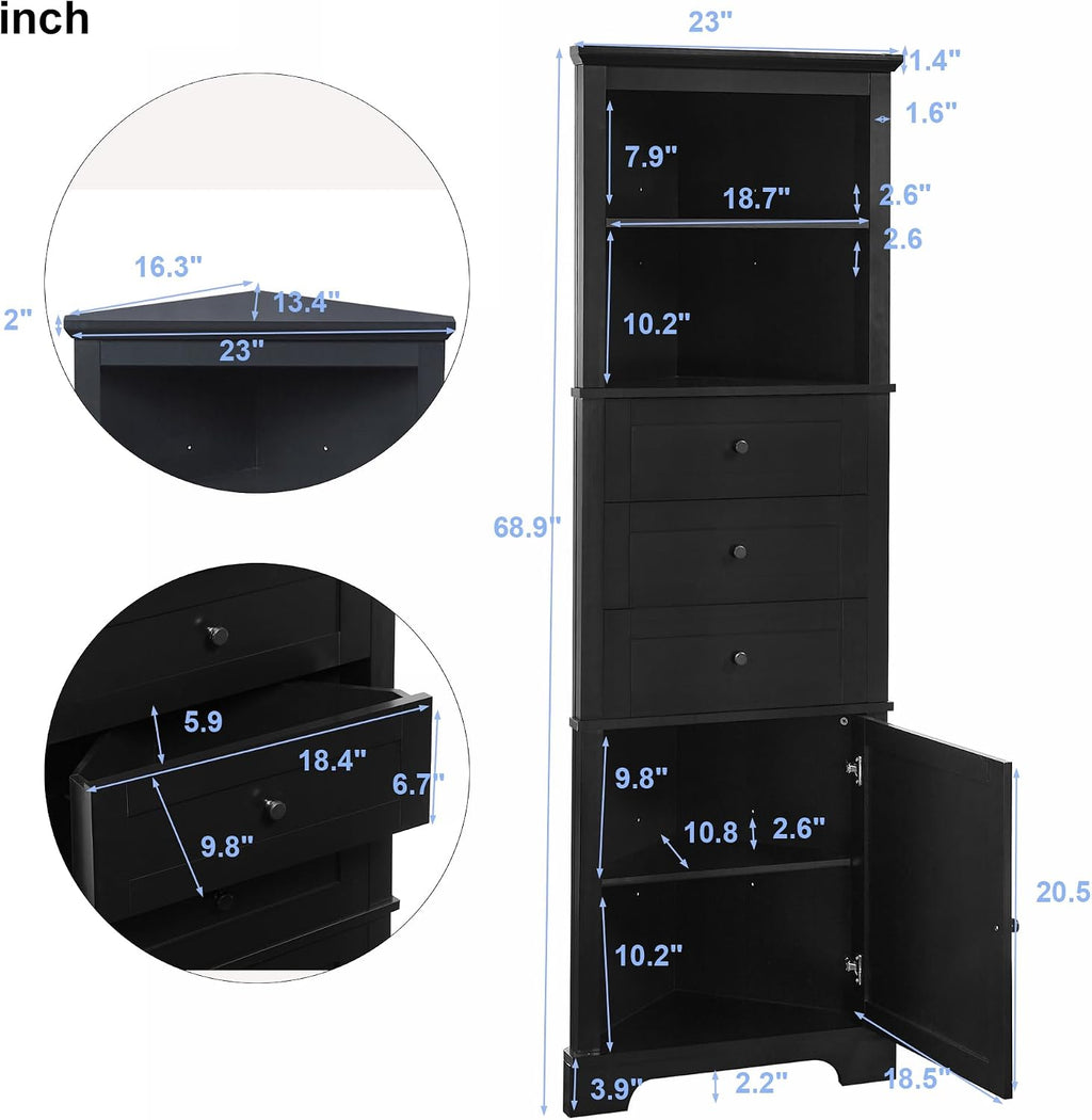 Corner Storage Cabinet with Adjustable Shelves, 68.9 in Tall | MDF, painted finish, adjustable shelves, corner fit, enclosed storage, bathroom, kitchen, 23 W x 13.4 D x 68.9 H in