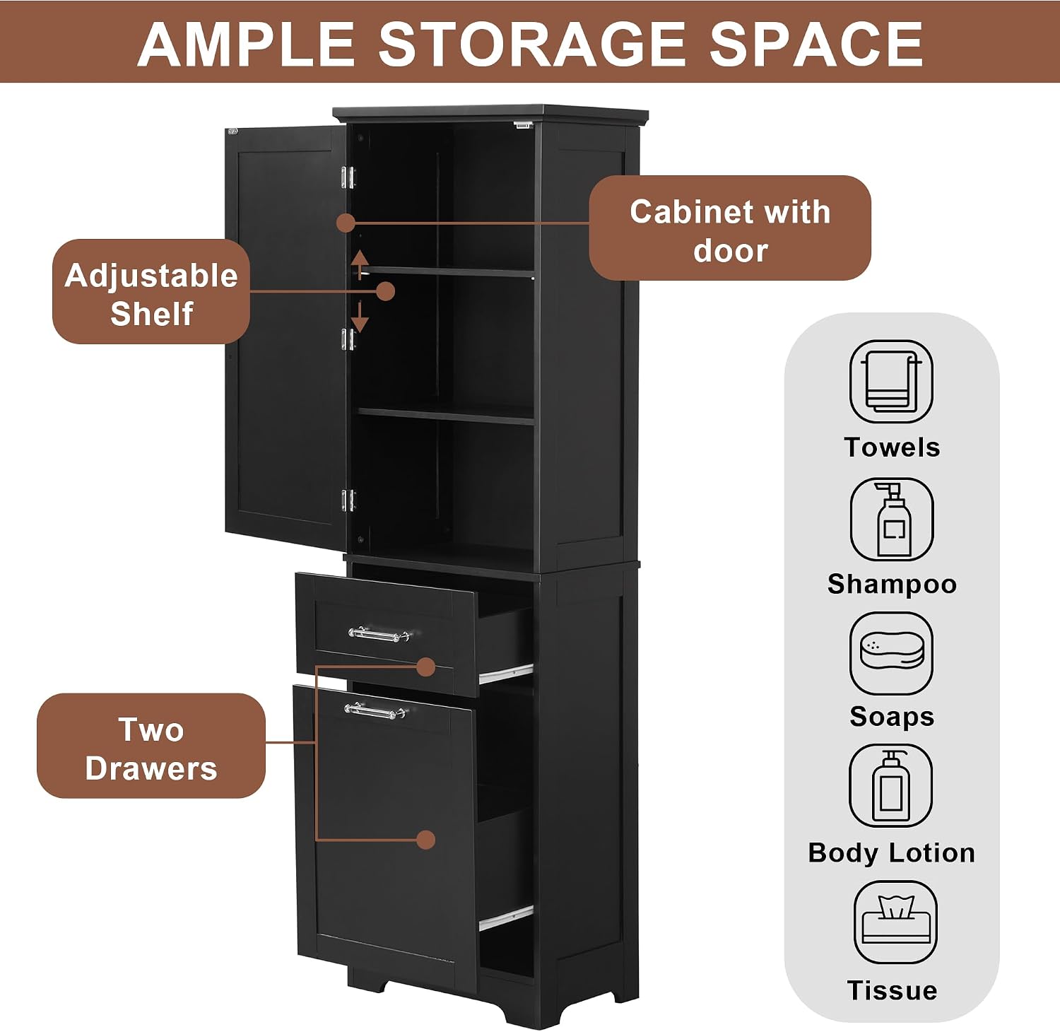 Bathroom Storage Cabinet with Adjustable Shelf, 68.4 in Tall | MDF, painted finish, adjustable shelf, enclosed storage, acrylic handles, anti-tip kit, bathroom, 20 W x 13.5 D x 68.4 H in