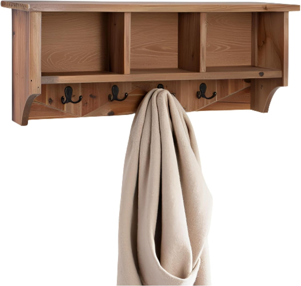 Renew Solid Wood Wall Mounted Coat Hook, Storage, 3 Cubbies, 4 Double Hooks, Natural Brown Finish, Easy Installation, French Cleat, Ideal for Entryway Organization, 36 in. W x 9 in. D x 14 in. H