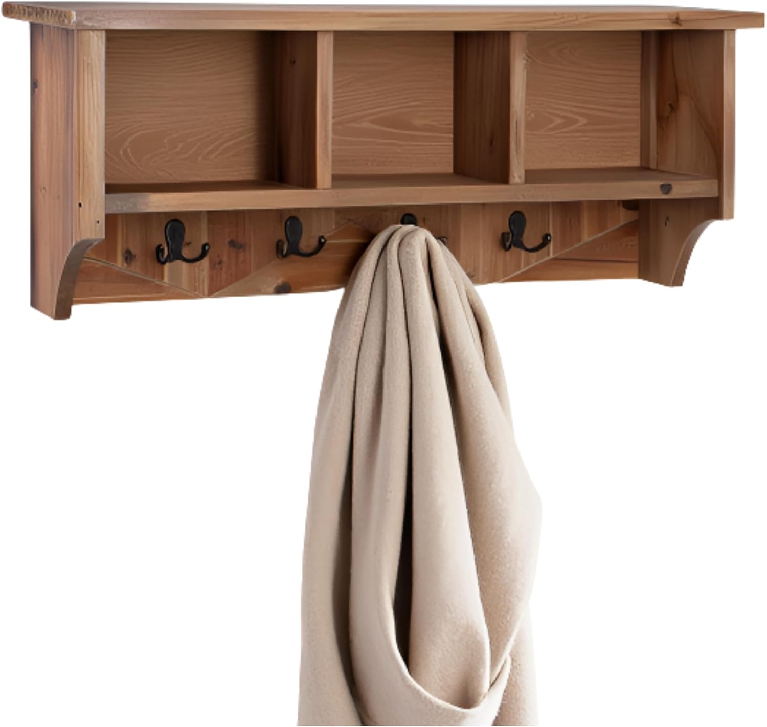 Renew Solid Wood Wall Mounted Coat Hook, Storage, 3 Cubbies, 4 Double Hooks, Natural Brown Finish, Easy Installation, French Cleat, Ideal for Entryway Organization, 36 in. W x 9 in. D x 14 in. H