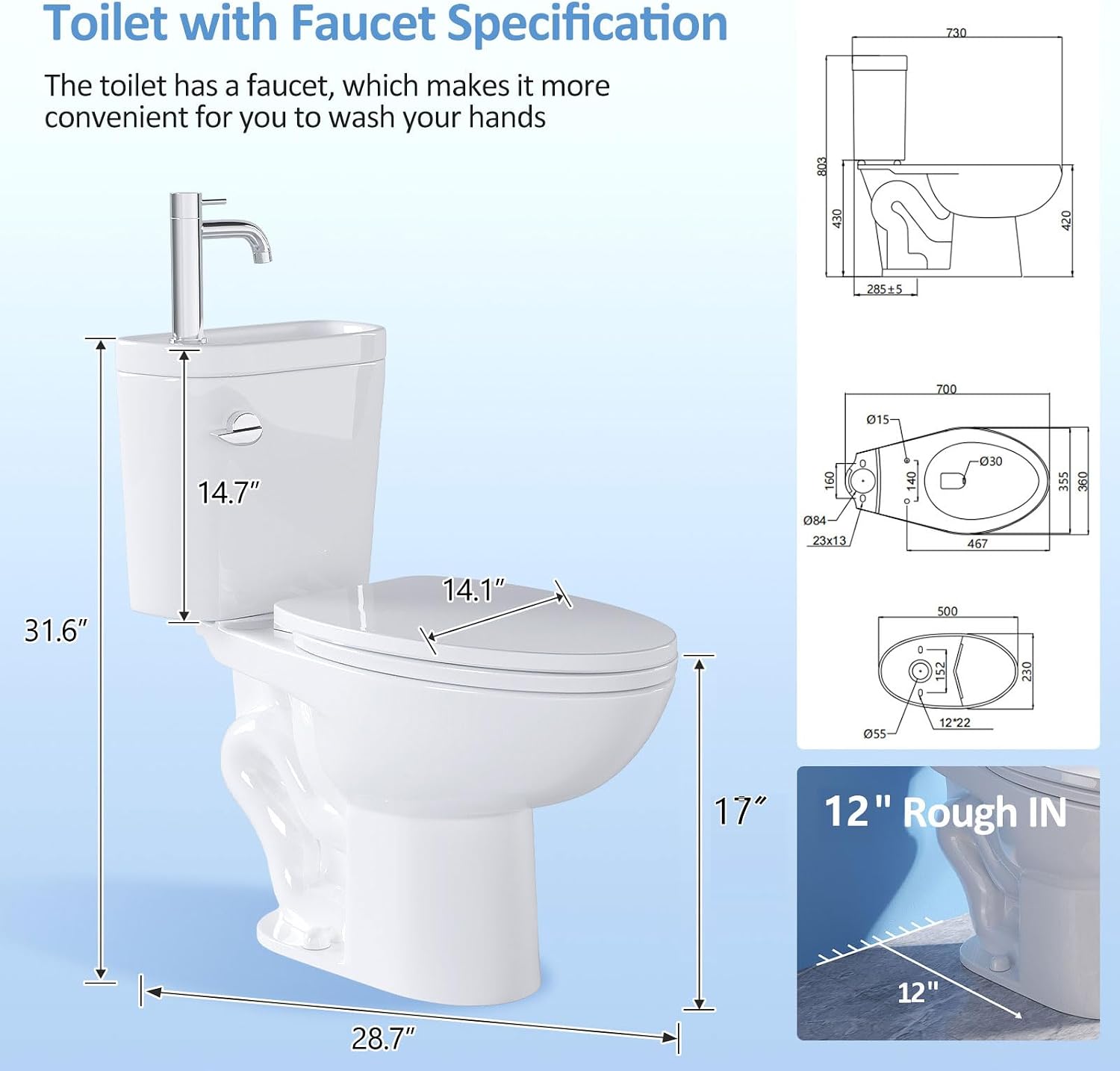 Simple Project Tall Toilet with Sink, Modern 2 in 1 Toilet Bowl with Faucet＆ Comfort Chair Height Seat, Powerful ＆Quiet 1.28 GPF Single Flush, 12' Rough In Elongated High Toilets for Small Bathrooms