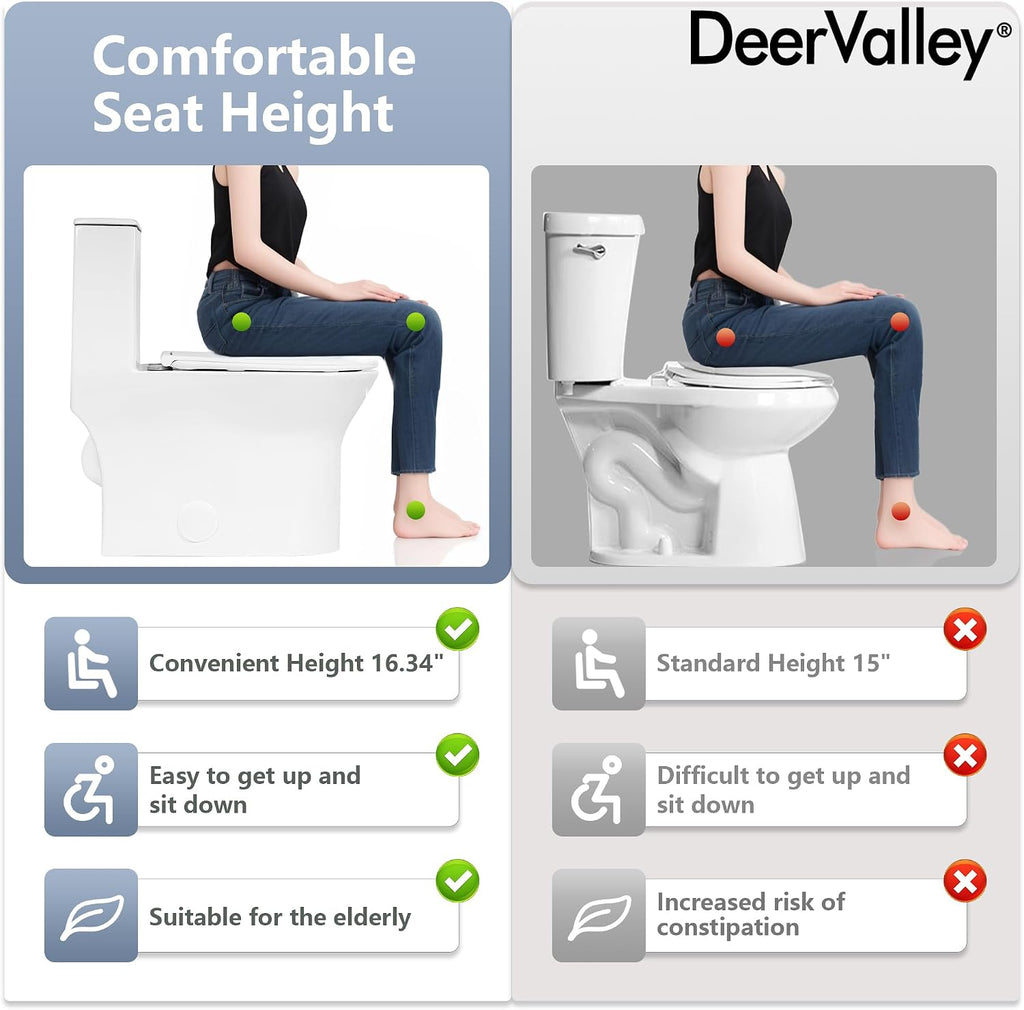 DeerValley Compact One-Piece Toilet for Small Bathrooms, Dual Flush 0.8/1.28 GPF, 900g MAP, Round Bowl, Soft-Close Seat, 12' Rough-In, Space-Saving Design