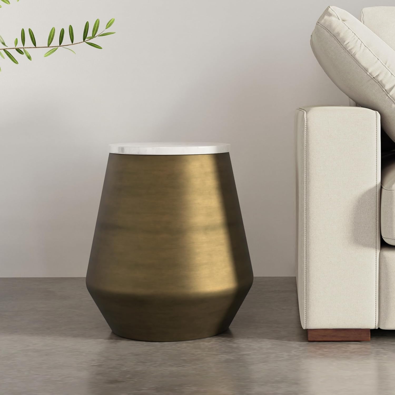 SIMPLIHOME Benning Side Table – 16 inch Wide Round Genuine Marble Top Iron Accent Table in Antique Brass, Contemporary Industrial End Table for Living Room or Bedroom with Compact Design, Assembled