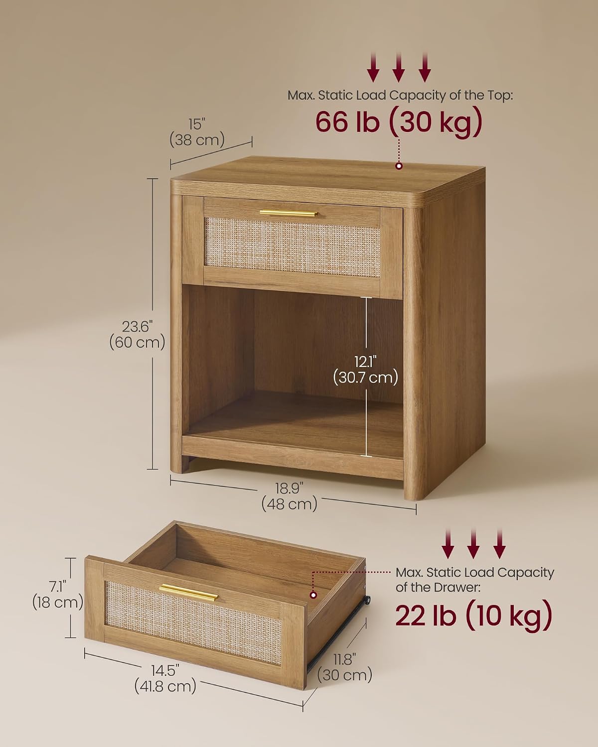 VASAGLE ELLAN Collection - Boho Nightstands with Rattan-Look Drawer, Set of 2 Accent Side End Tables with Open Compartment, Rounded Corners, for Bedroom Bedside, Natural Brown ULET818KC01