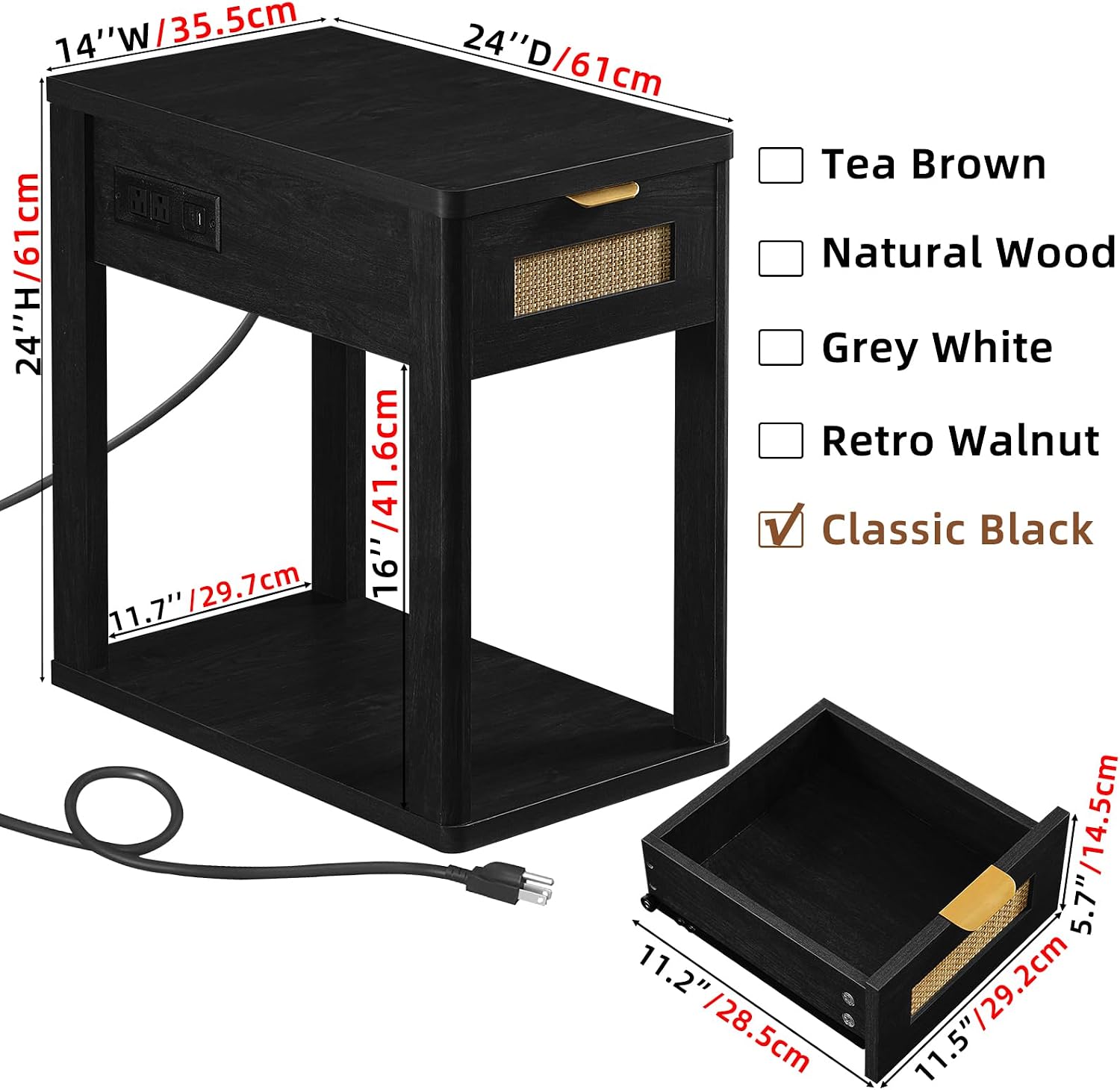 LEYAOYAO Narrow Side Table Set of 2, 24'' Night Stand with Charging Station, Rattan Nightstand with Drawer Storage, Bedside End Table with Small Spaces, Wood Boho Nightstand for Living Room Bedroom