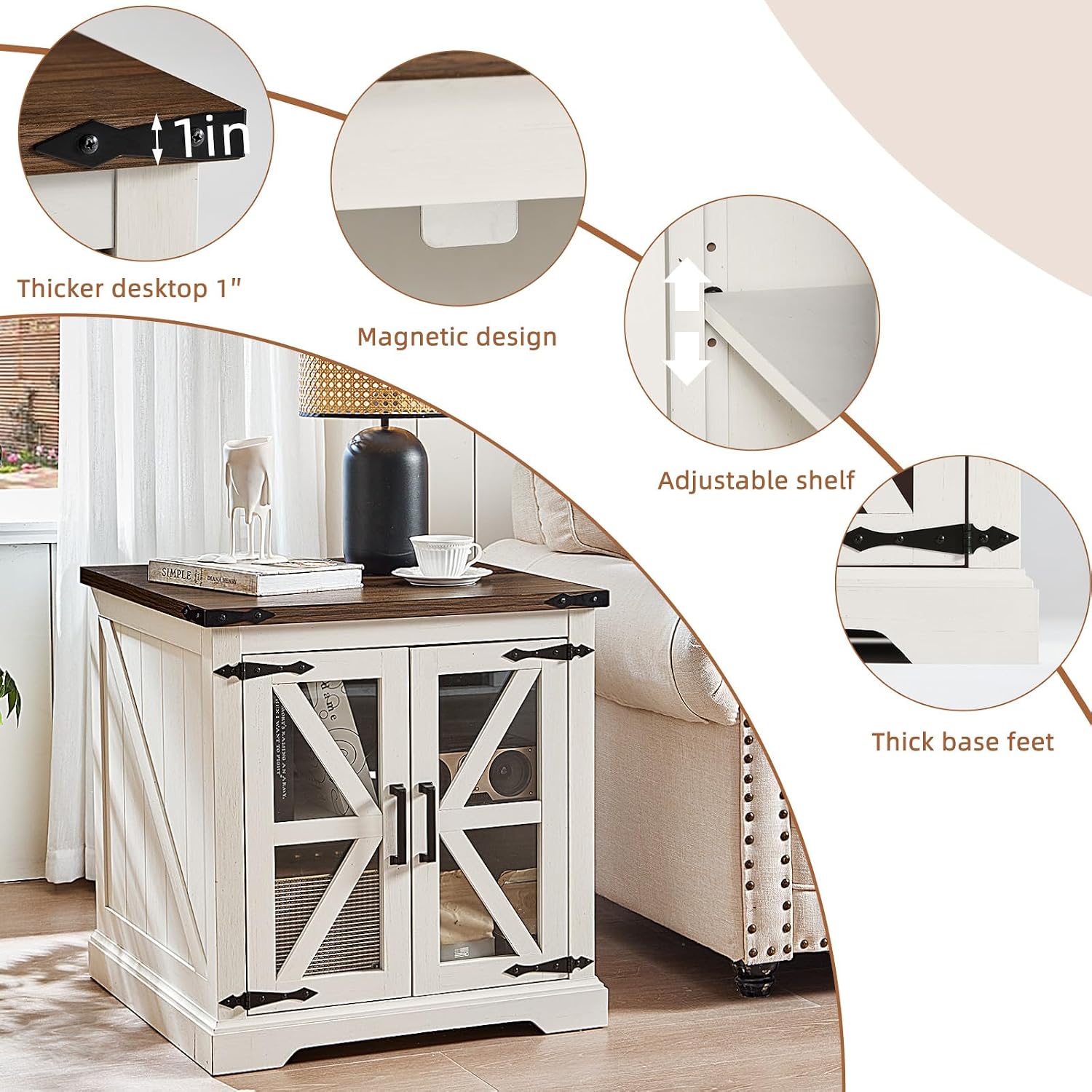 Joaxswe 24' End Table with Charging Station, Farmhouse Night Stand with Glass Barn Door, White Nightstands with Adjustable Storage Shelf, Large Wood Square Bed Side Table for Living Room,Bedroom