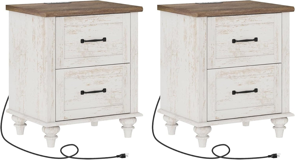 WAMPAT Set of 2 Nightstands Side Table with Charging Station, Antique White End Tables with 2 Drawers for Living Room, Elegant Night Stand Bedside Table for Bedroom, Dorm