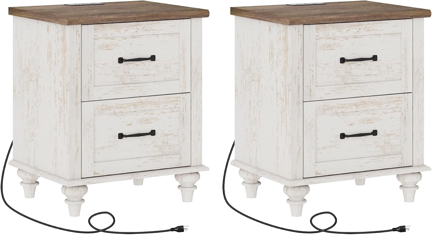 WAMPAT Set of 2 Nightstands Side Table with Charging Station, Antique White End Tables with 2 Drawers for Living Room, Elegant Night Stand Bedside Table for Bedroom, Dorm