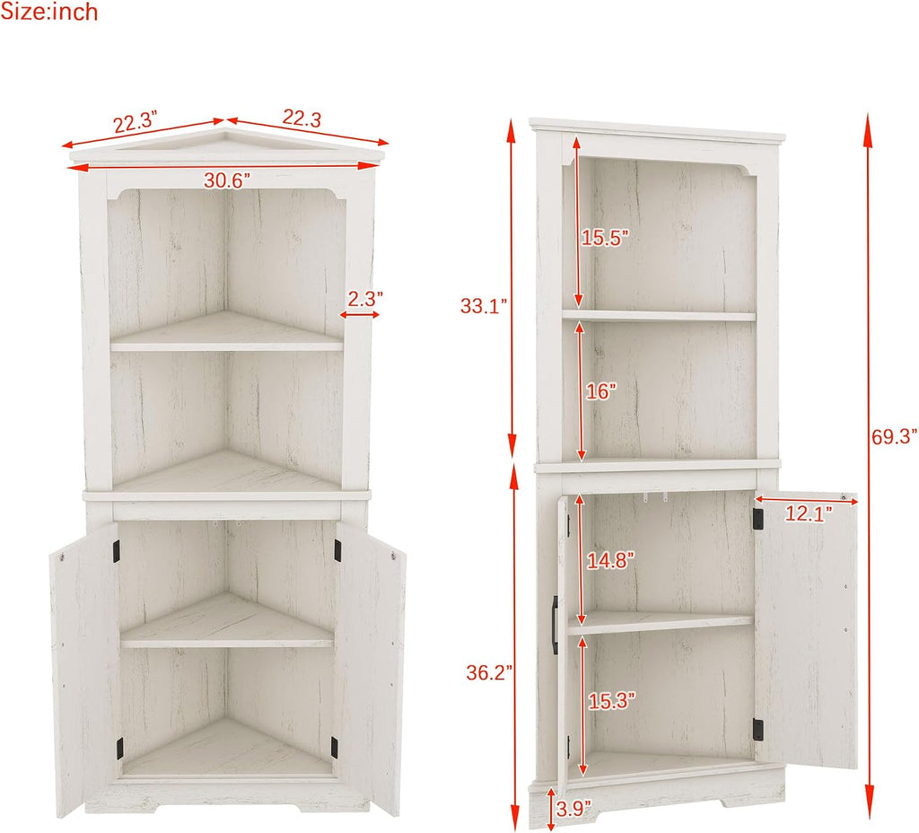 DOFFO Tall Bathroom Corner Cabinet, 69.3'H Freestanding Corner Storage Cabinet with 2 Doors and Open Shelves, Bathroom Floor Storage Display Organizer for Living Room, Dining Room and Kitchen (Beige)