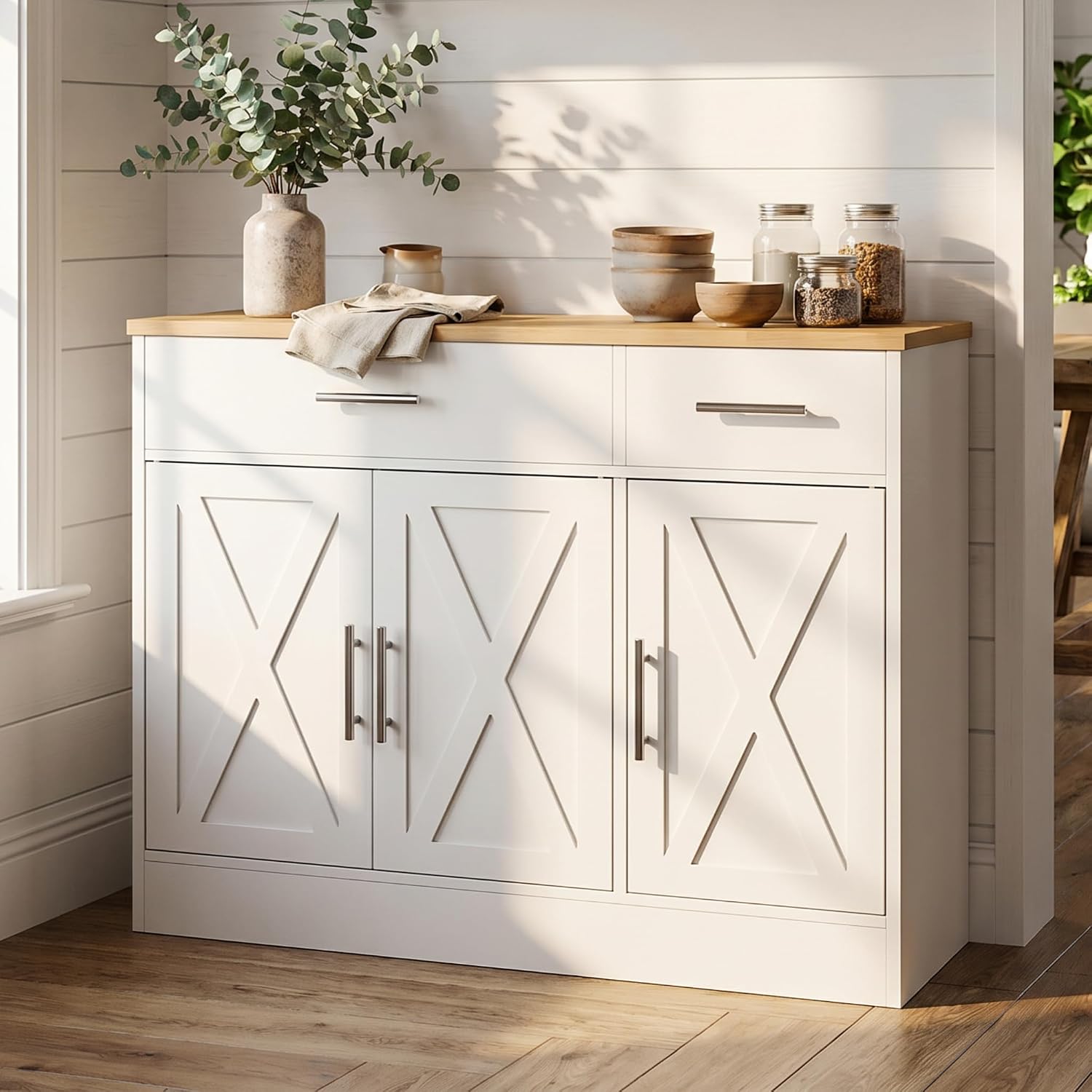 SUNLEI Kitchen Buffet Sideboard Cabinet with Storage, Farmhouse Kitchen Cabinet with 3 Doors and 2 Drawers, Coffee Bar Cabinet with Storage for Living Room, White