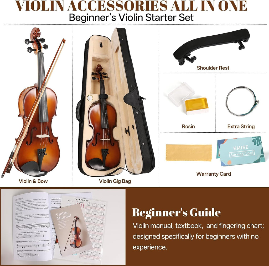Kmise Violin 3/4 Full Set, High Density Ebony Violins, Glossy Acoustic Fiddle for Adults, Beginners, Students with Violin Case, Rosin, Strings, Bow, Shoulder Rest, Beginner's Guide (Ebony, 3/4)