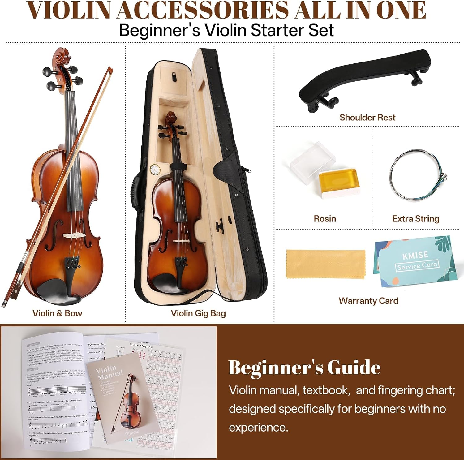 Kmise Violin 4/4 Full Set, High Density Ebony Violins, Glossy Acoustic Fiddle for Adults, Beginners, Students with Violin Case, Rosin, Strings, Bow, Shoulder Rest, Beginner's Guide (Ebony, 4/4)