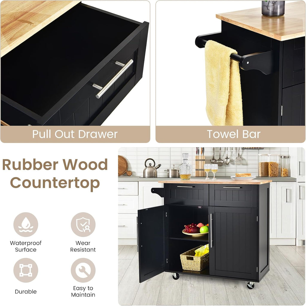 Kitchen Island with Storage, Mobile Kitchen Trolley Cart with Wheels, Rubber Wood Top, Adjustable Shelves, Towel Rack & Drawers, Rolling Kitchen Island Cart, 37' L x 18' W x 37' H (Black)