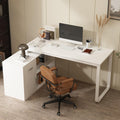 ECACAD Shape Adjustable Computer Desk with Storage Cabinet, L Shaped Corner Home Office Desk Study Writing Table with Drawer, Door & Adjustable Shelves, White