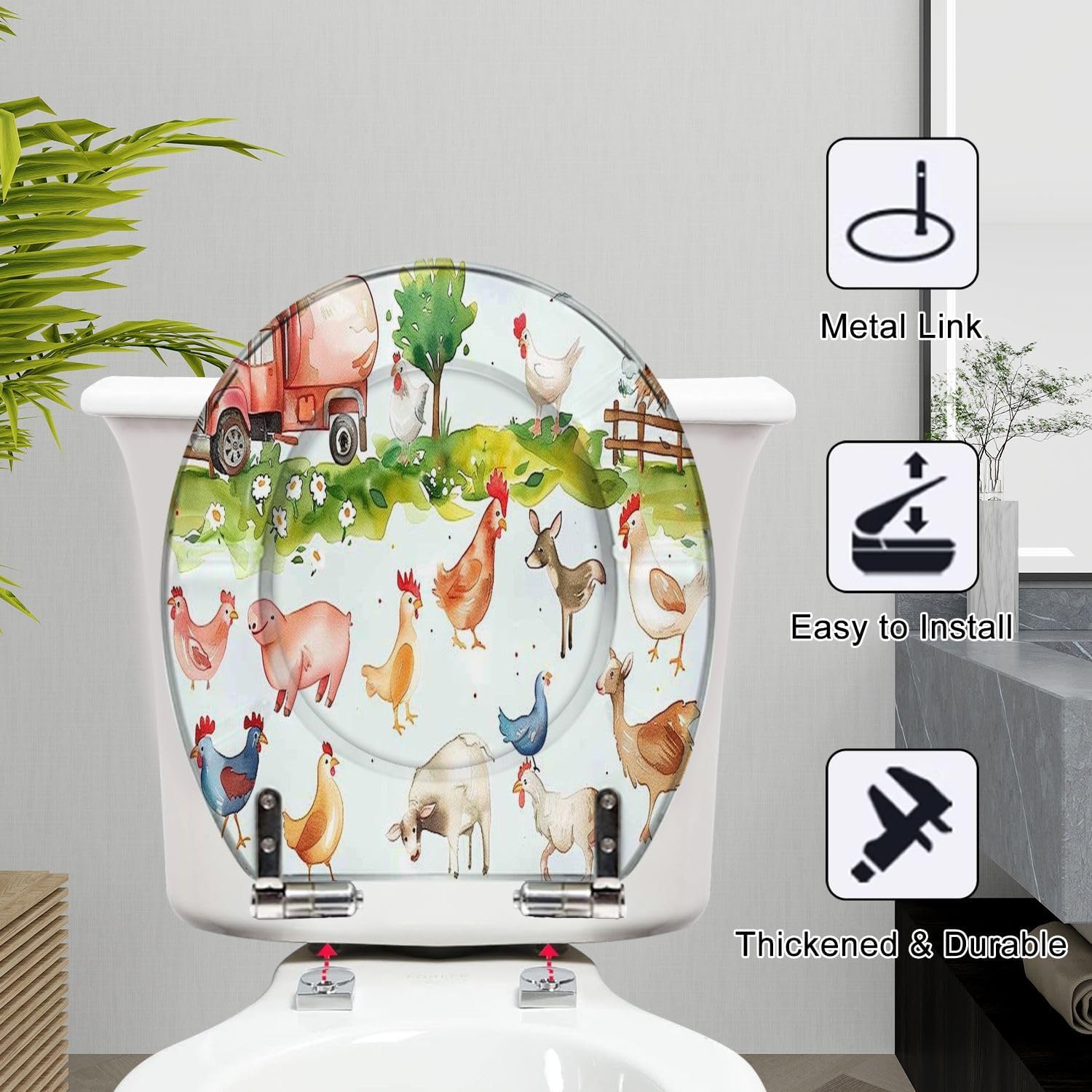 Round Toilet Seat Watercolor farm animals hen cow horse chicken red green blue for baby Resin Toilet Seat Slow Quiet Close with Quick-Release Hinges Toilet Seat with Cover Easy to Clean Install