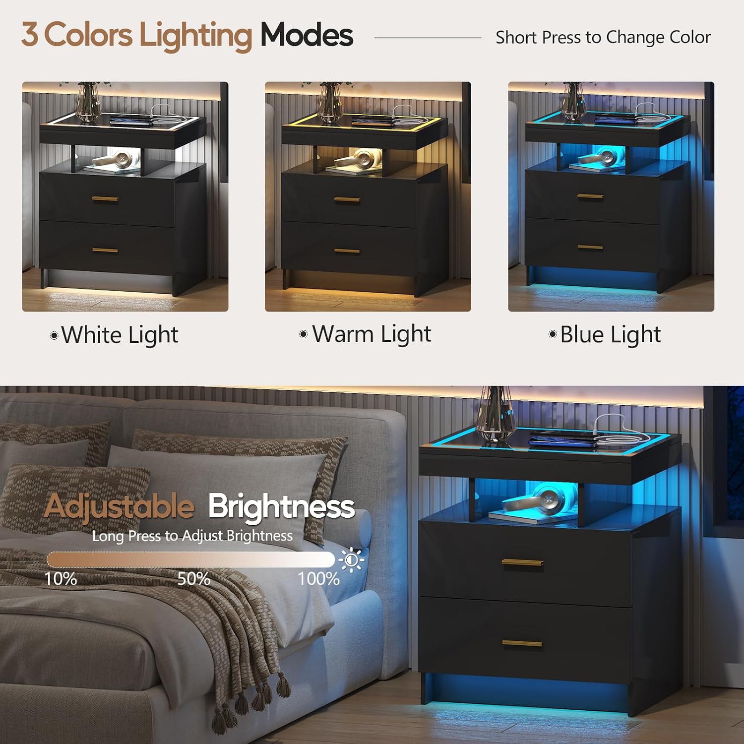 LED Nightstand Set 2 with Wireless Charging Station,Black Night Stand with 2 Drawers,Glass Top Smart Bedside Table,Modern End Table Side for Bedroom,Living Room,Office