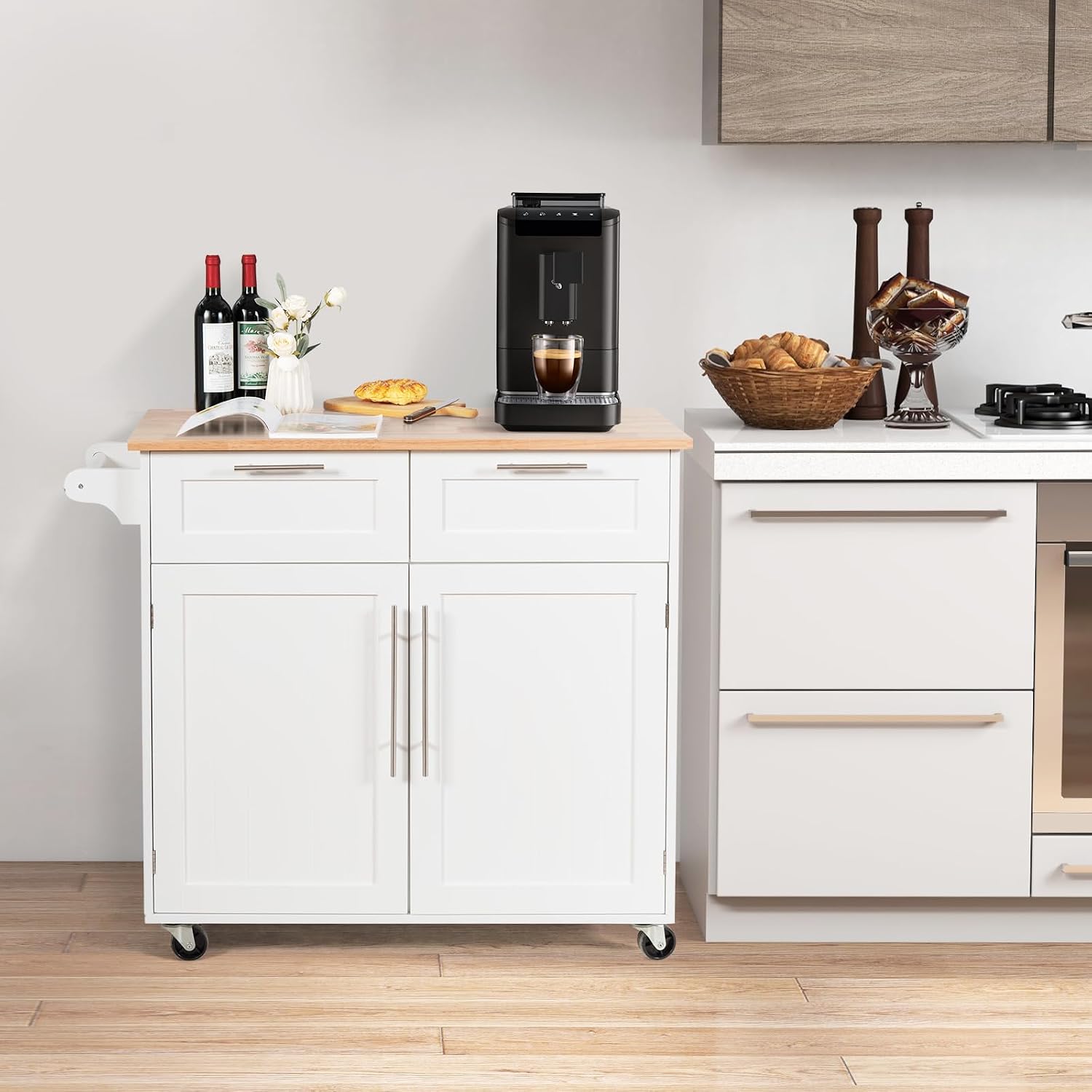 Kitchen Island with Storage, Mobile Kitchen Trolley Cart with Wheels, Rubber Wood Top, Adjustable Shelves, Towel Rack & Drawers, Rolling Kitchen Island Cart, 37' L x 18' W x 37' H (White)