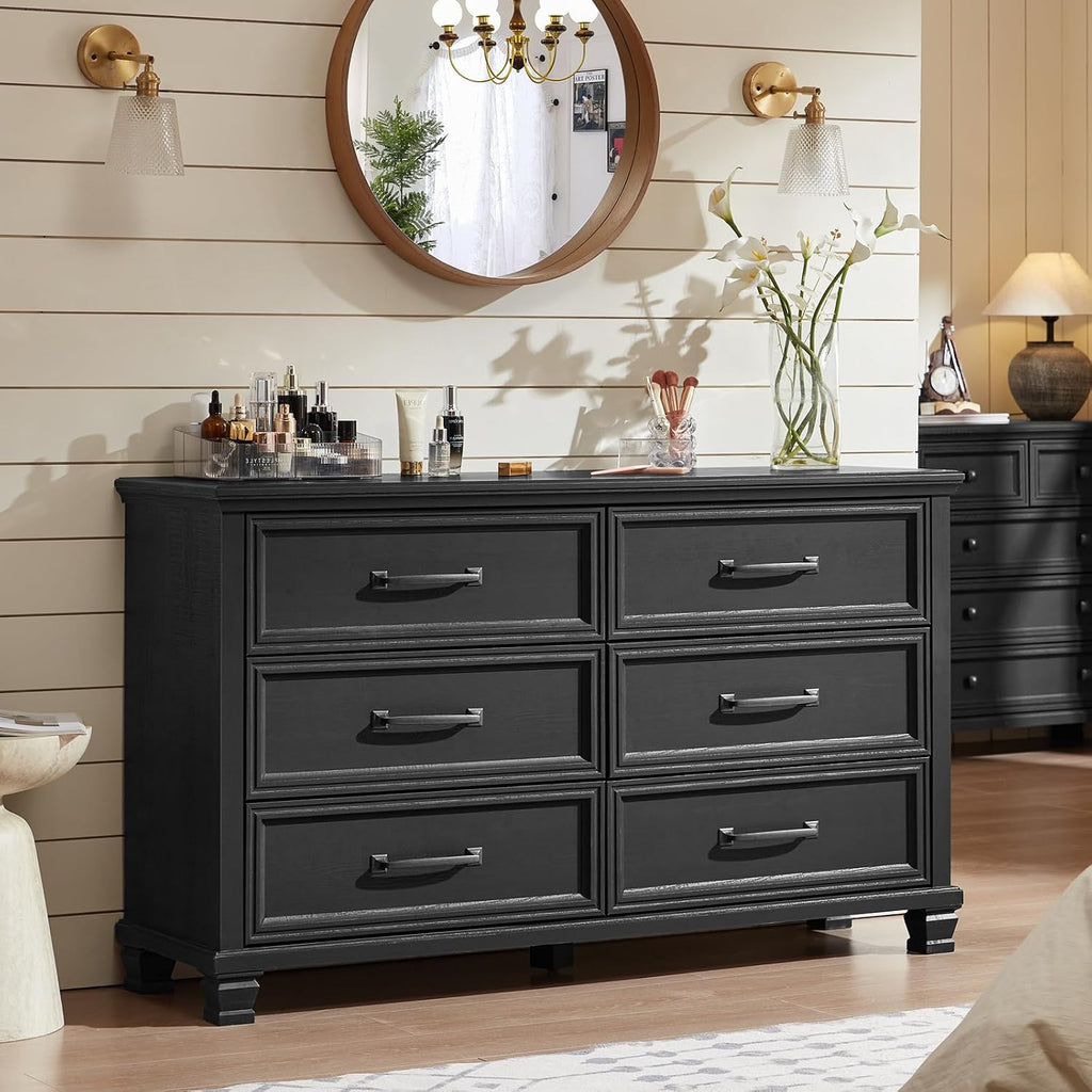 SAVOR LIFE Farmhouse Black 6 Drawer Dresser for Bedroom, 54 inch Wide Vintage Large Chest of Drawers with Square Wood Legs, Rustic TV Console for Living Room, Wooden Storage Closet Dressers for Home