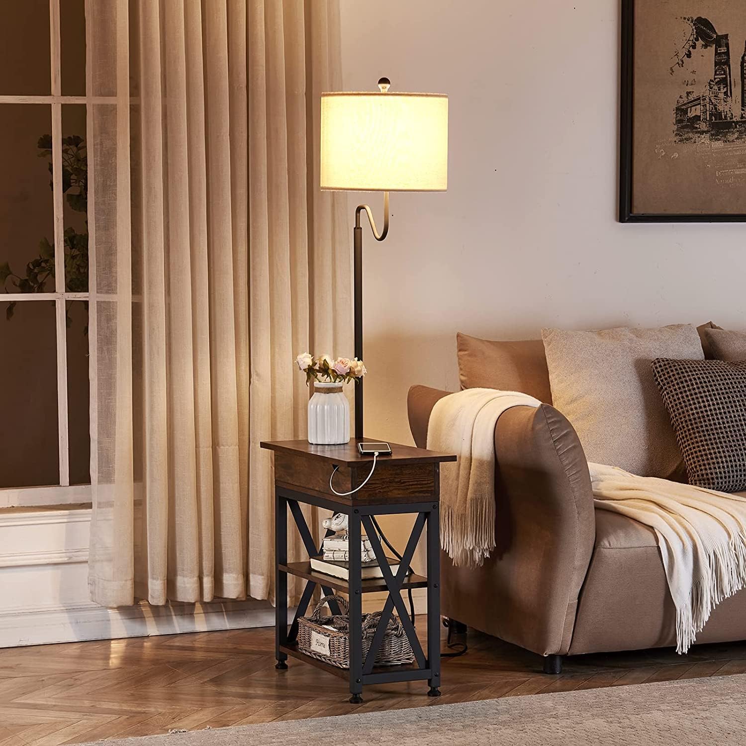 Dungoo Floor Lamp with Table, Narrow End Table with Lamp, Bedside Nightstand with USB & Type-C Ports and 2 Outlets, Rustic Side Table with Storage Shelf, End Table with Lamp for Living Room