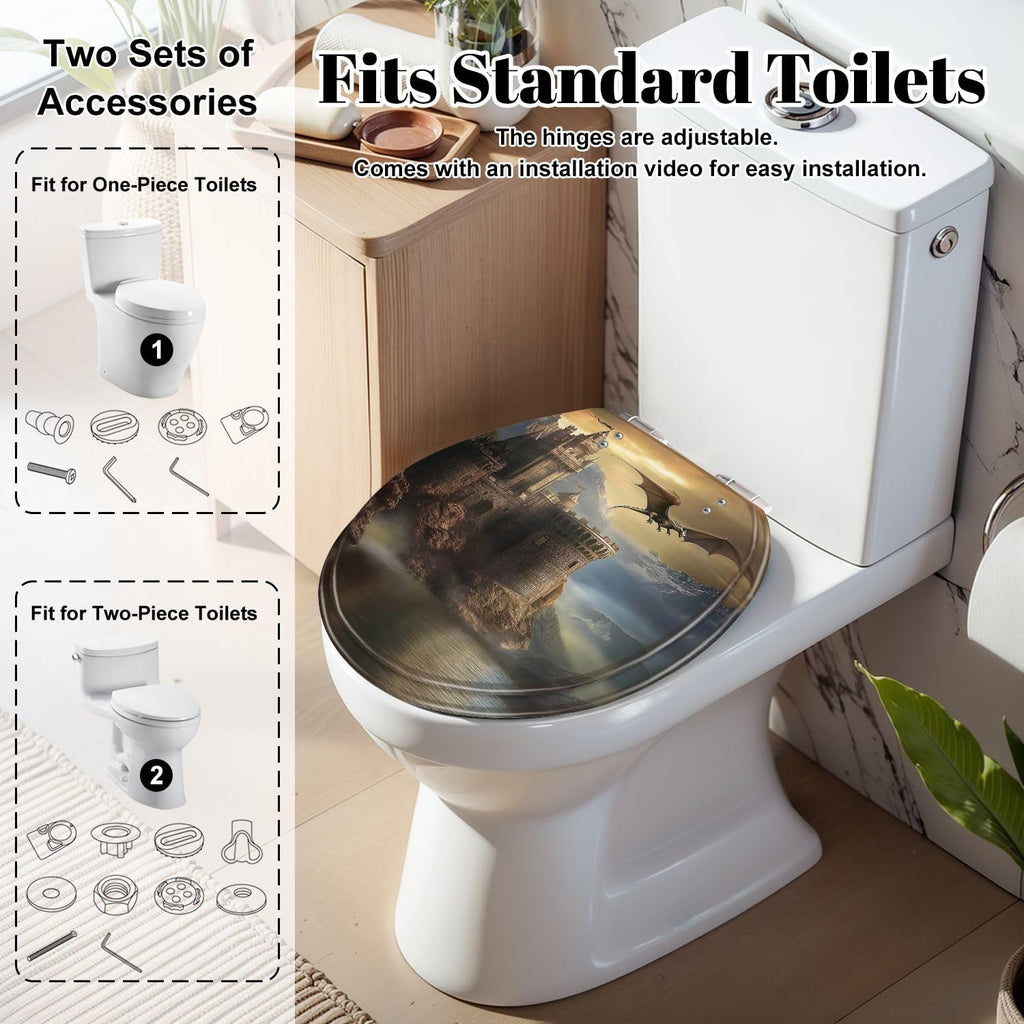 Round Toilet Seat Fantasy castle dragon Resin Toilet Seat Slow Quiet Close Lid with Quick-Release Hinges Cover Bumpers Easy to Clean Install