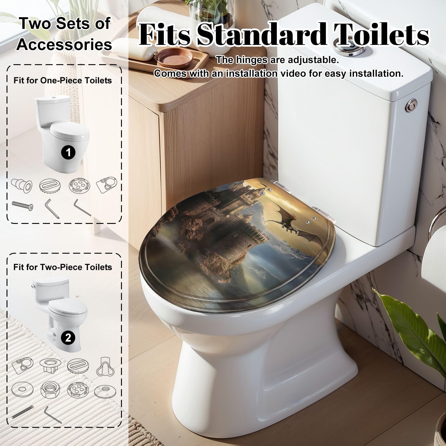 Round Toilet Seat Fantasy castle dragon Resin Toilet Seat Slow Quiet Close Lid with Quick-Release Hinges Cover Bumpers Easy to Clean Install