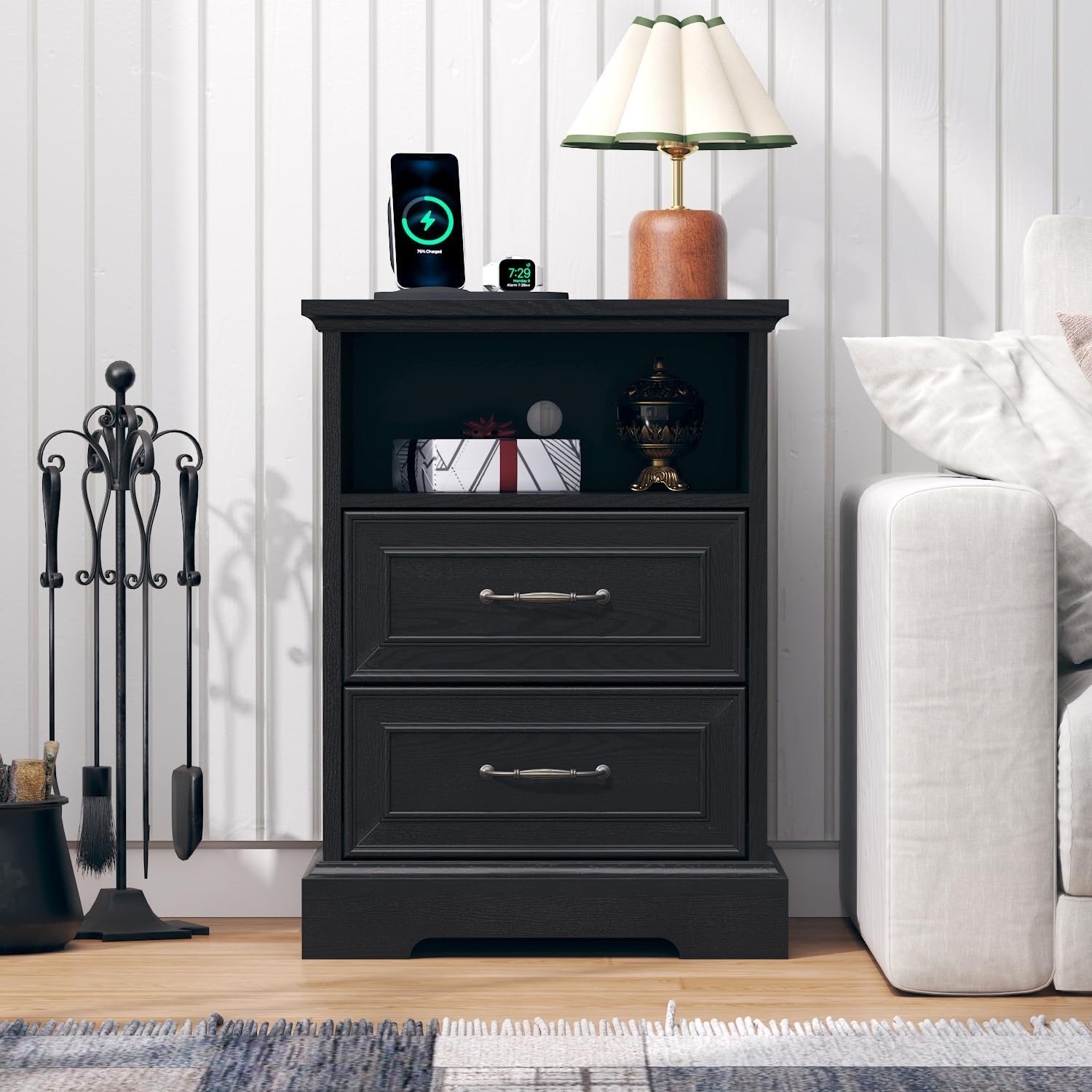 Nightstand with Charging Station Set of 2,18' Wide End Table with 2 Large Drawers & Metal Handles,Farmhouse Wood Small Dresser,Bedside Table,Modern Chest of Drawers for Bedroom,Living Room,Black