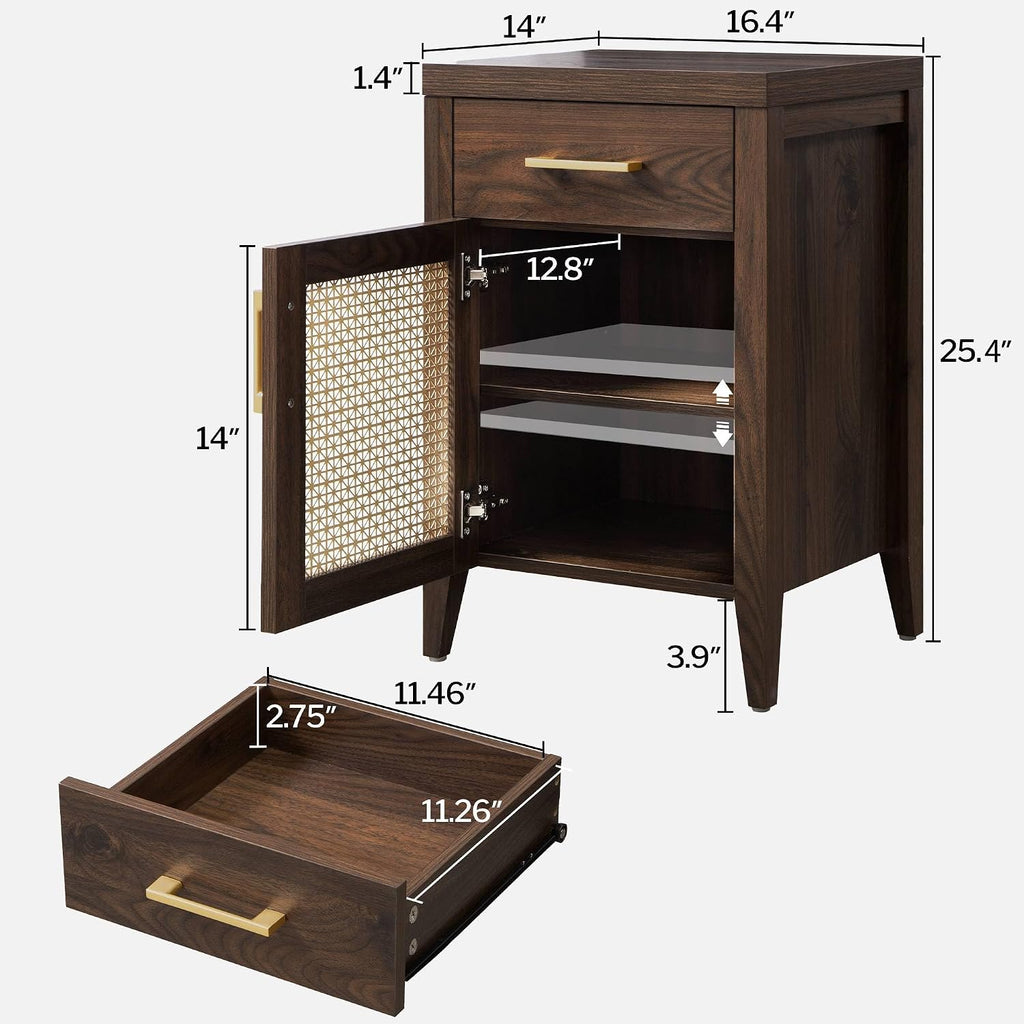 SICOTAS Tall Nightstands Set of 2 with Drawer, Mid Century Modern Wooden Night Stand Rustic Bedside Tables with Storage, Vintage End Tables with Metal Mesh Door for Bedroom, Espresso Walnut