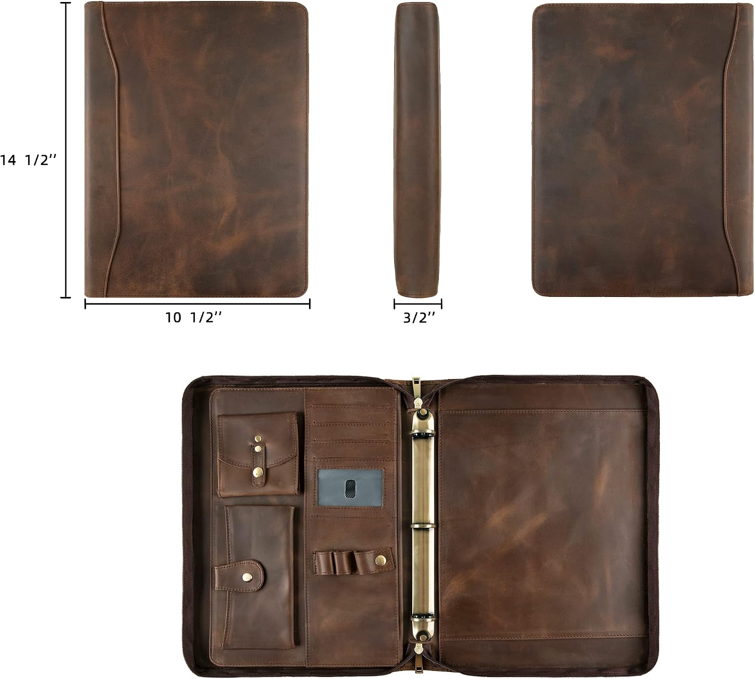 DUKE&COW Leather Portfolio with 3 Ring Binder, Personalized Binder Padfolio Executive Folio Zippered, Engraved Folder Organizer, Custom Gift for Men Women （Dark Khaki, Custom）