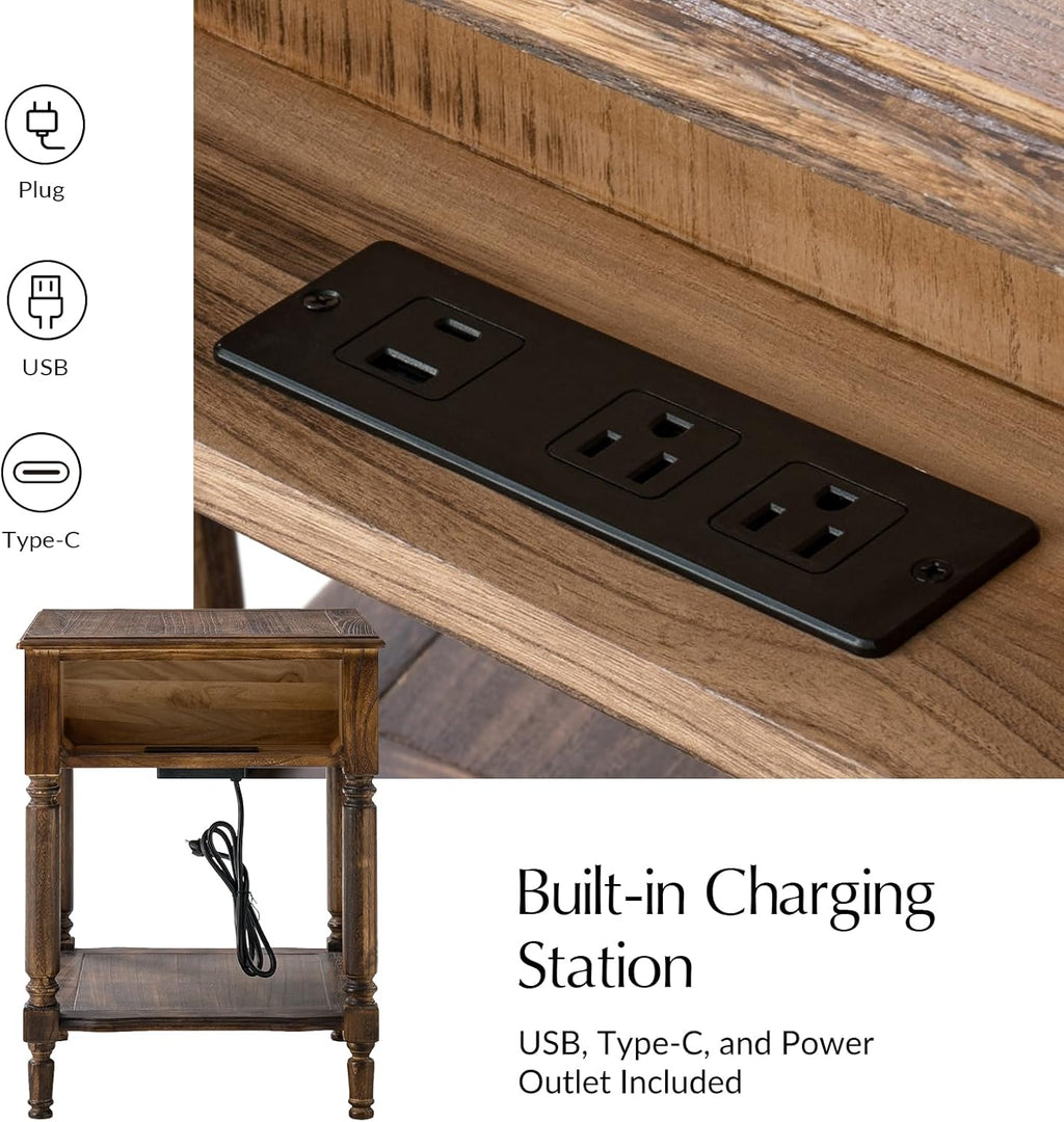 HULALA HOME Small End Table with Charging Station, Solid Wood Side Table with a Drawer & Open Shelf, Vintage Finish, Spindle Legs(Walnut, Set of 2)