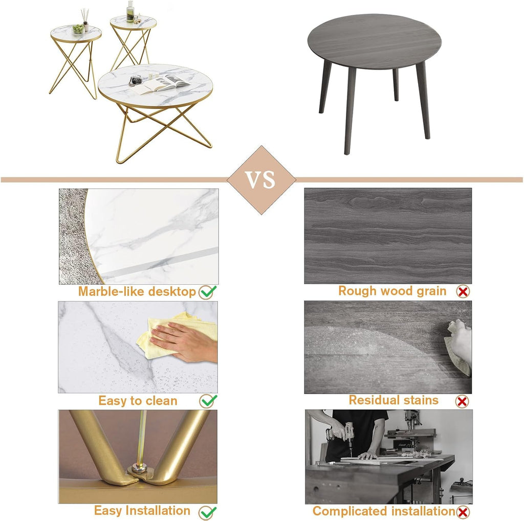 HLR Modern Round Coffee Table and Side Table Set of 3,End Table with Faux Marble Top and Gold Metal Frame, Side Table for Living Room, Bedroom, Sofa and Couch, Gold Legs, White Marble Top