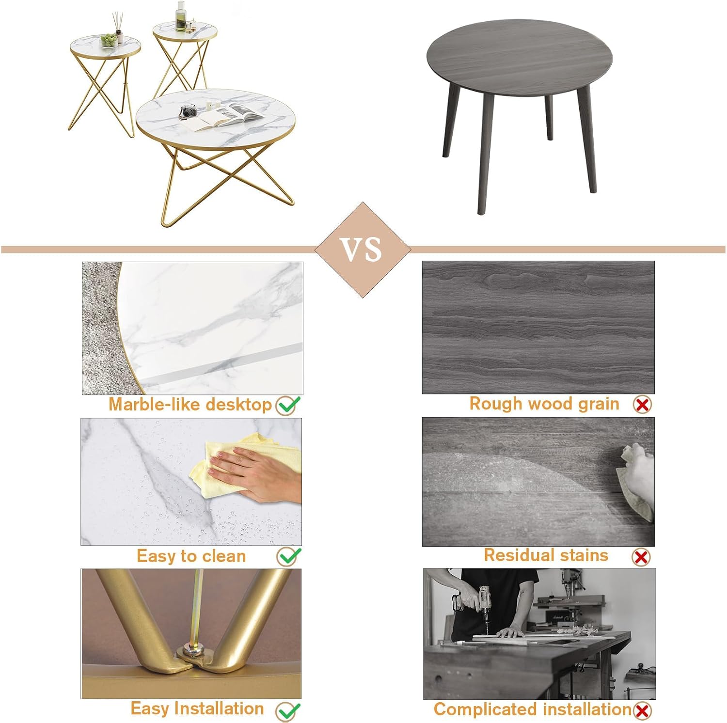 HLR Modern Round Coffee Table and Side Table Set of 3,End Table with Faux Marble Top and Gold Metal Frame, Side Table for Living Room, Bedroom, Sofa and Couch, Gold Legs, White Marble Top
