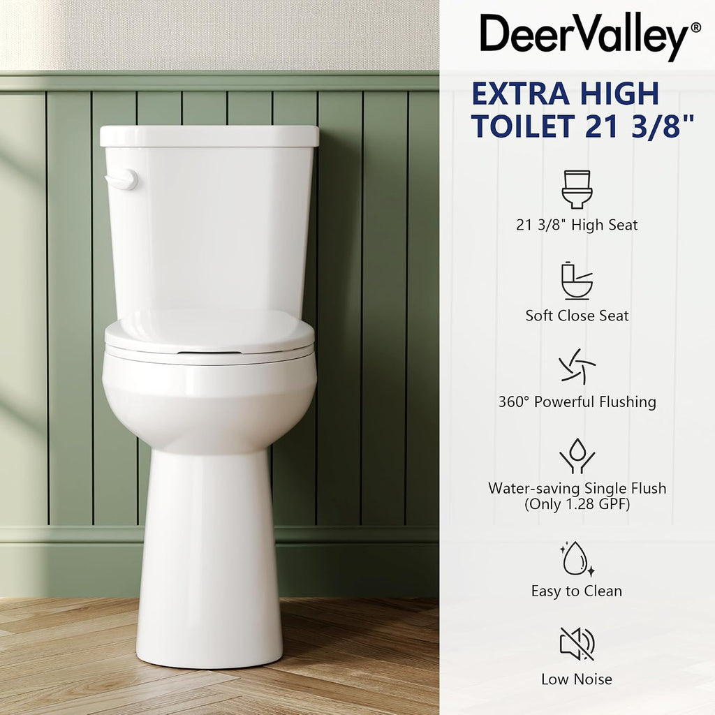 DeerValley 21-Inch Extra Tall Two-Piece Toilet, Elongated Bowl, Single Flush 1.28 GPF, ADA Comfort Height, Includes Soft Close Seat, Designed for Senior Comfort and Ease of Use