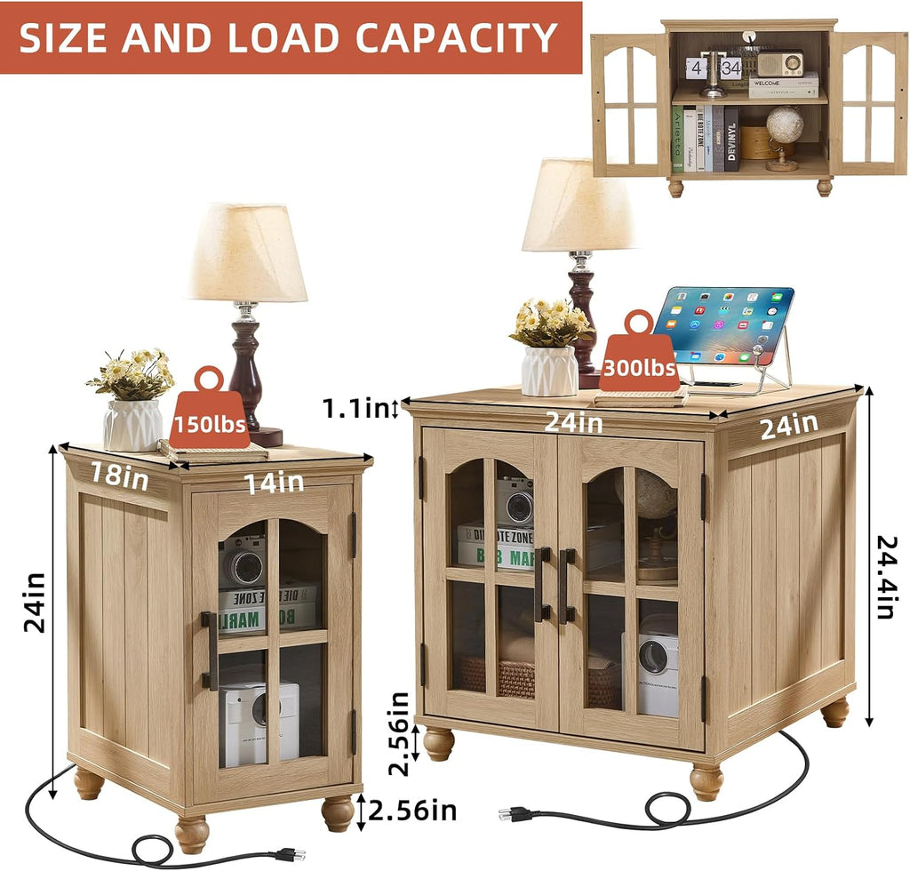RWYHG End Table Set 3 with Charger Station, 18'' Narrow Nightstand and 24' Large Sofa Side Tables with Glass Barn Door Storage, Farmhouse Night Stands Bedside Table for Living Room,Bedroom