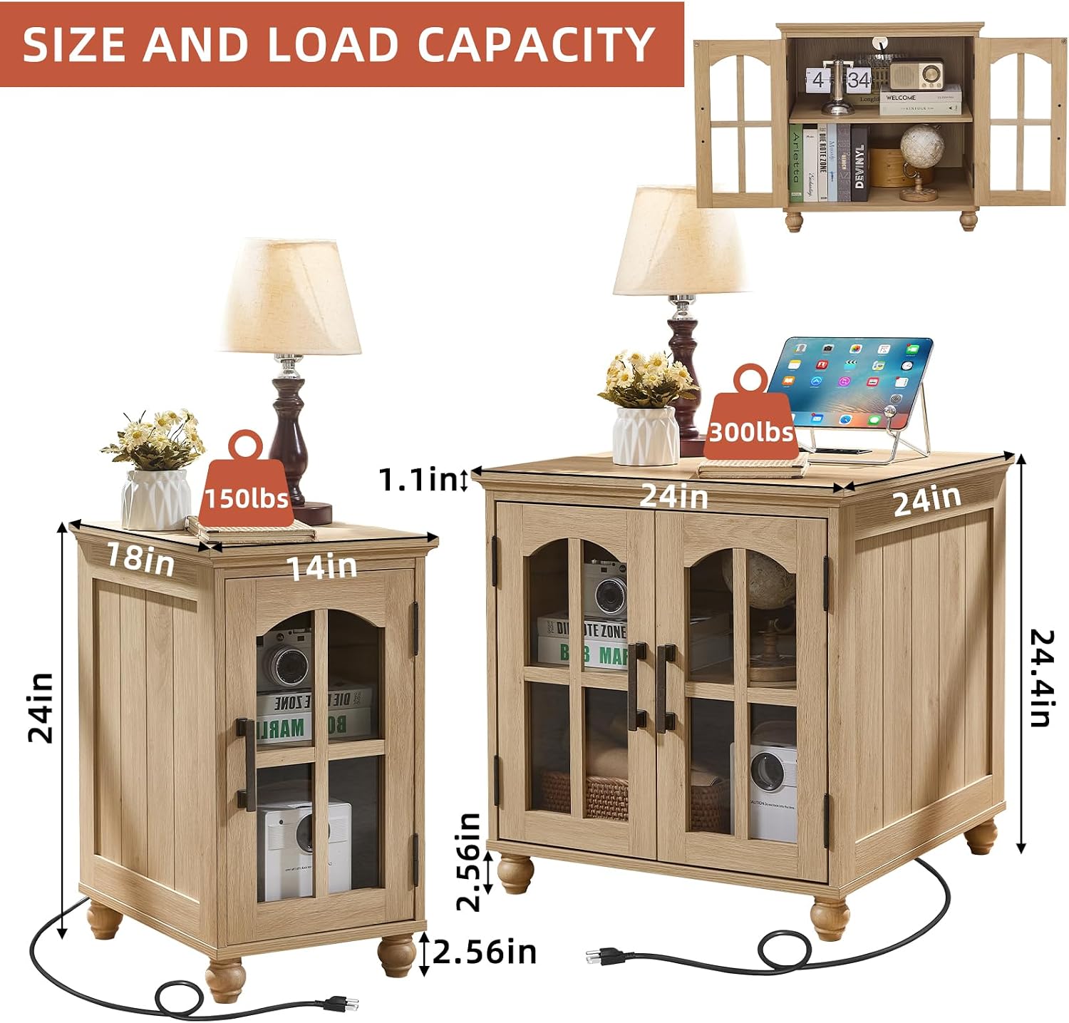 RWYHG End Table Set 3 with Charger Station, 18'' Narrow Nightstand and 24' Large Sofa Side Tables with Glass Barn Door Storage, Farmhouse Night Stands Bedside Table for Living Room,Bedroom