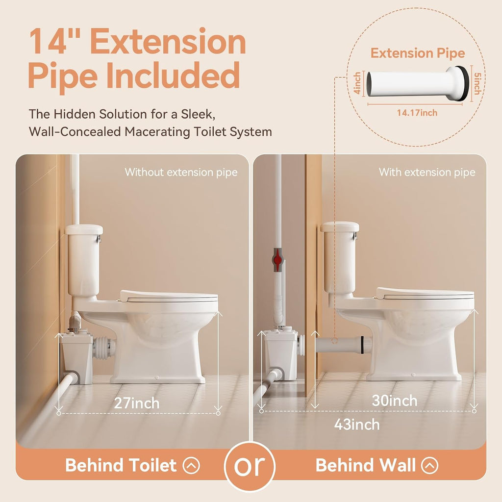 Macerating Toilet System, Two-piece Vintage Upflush Toilet with 4 Inlets Grinder Pump for Household Sewage Wastewater Disposal, Copper Motor, Quiet Operation, Extension Pipe Included, Less Consumption