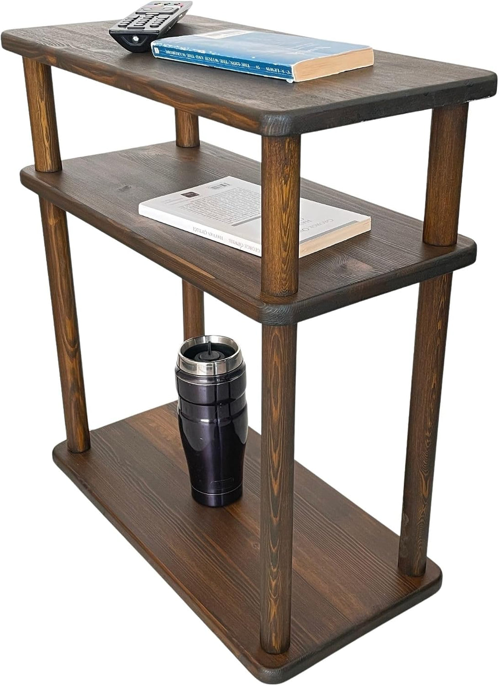 Handcrafted Solid 3-Tier Narrow Side Table, 10 Inch Pine Wood End Table for Living Room with Storage, Slim Bedside Table for Small Spaces, Nursery, Bedroom, Office (Walnut, Tall)